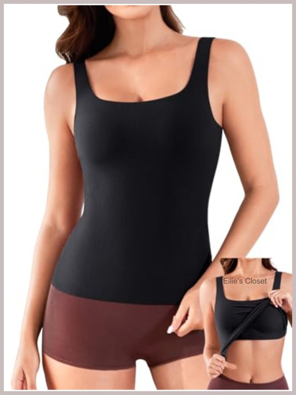 Ribbed Tank Top with Built in Bra Removable Pads Square Neck Seamless Sleepwear